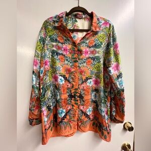 Johnny Was - Orange & Multi Silk Collared Button Up Floral Top